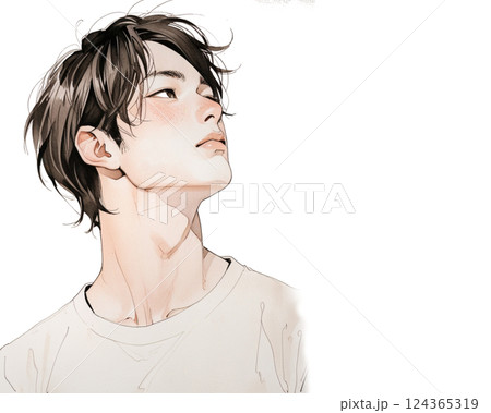 水彩画風イラスト｜見上げる顔が美しい男性（横向き・白Tシャツ） 124365319