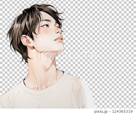 Watercolor style illustration | Beautiful man looking up (sideways, white T-shirt) 124365319