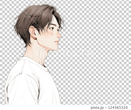 水彩風格插圖|酷酷的男人側影（側面，白色 T 卹） 124365320