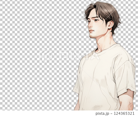 水彩風格插圖|野人側臉（側身，T卹） 124365321