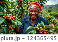 An old smiling black woman collecting coffee cherries  124365495
