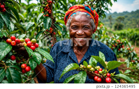 An old smiling black woman collecting coffee cherries  124365495