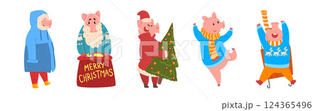 Funny Pig Character in Warm Clothing at Winter Holiday Vector Set Funny Pig Character in Warm Clothing at Winter Holiday Vector Set 124365496