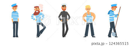 Man Sailor Character in Striped Shirt and Cap Vector Set 124365515