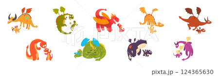 Cute Mom Dragon with Its Baby Vector Set 124365630