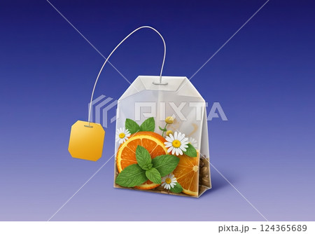 Herbal tea bag with fresh orange, mint, chamomile on blue background 124365689