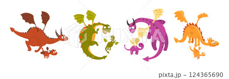 Cute Mom Dragon with Its Baby Vector Set 124365690