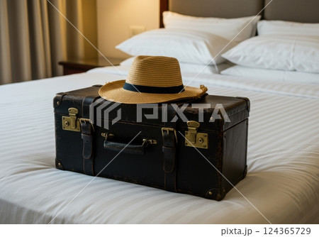 Vintage suitcase with straw hat on hotel bed 124365729