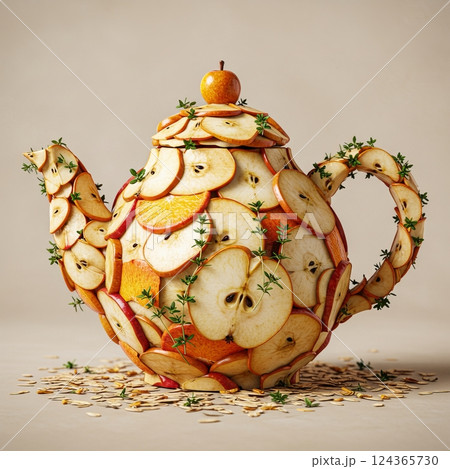 Creative teapot made from sliced fruits and herbs 124365730