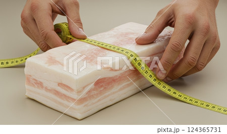 Precise measurement of pork belly with a tape measure in a culinary setting 124365731