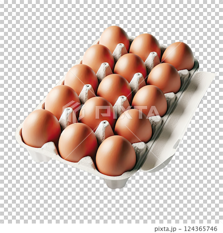 Organic brown eggs in egg tray or carton. Poultry eggs in food or breakfast carton. 124365746