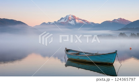Serene blue boat on misty lake with snow-capped mountain at sunrise 124365797