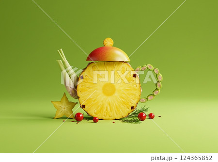 Creative tropical fruit teapot design with pineapple and lemongrass on green background 124365852