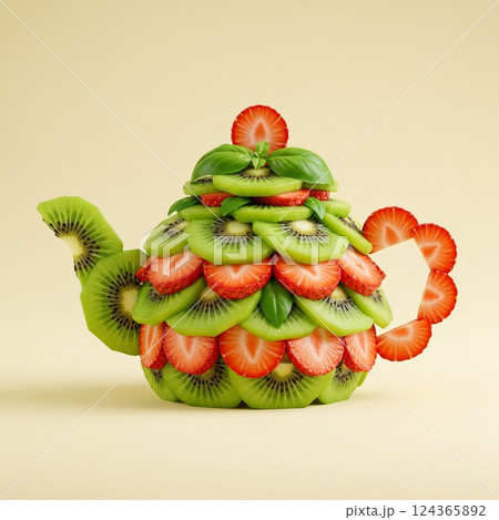 Creative fruit teapot design with kiwi and strawberry on soft yellow background 124365892