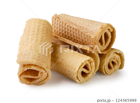 Pile of wafer rolls on a white. Isolated 124365999