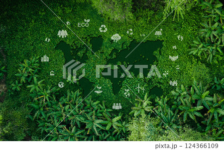 Earth Day and Environment Concept, World Map and Environment and Nature Icons 124366109