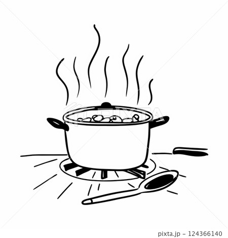 Simple black and white drawing of a cooking pot with steaming soup on a stove 124366140