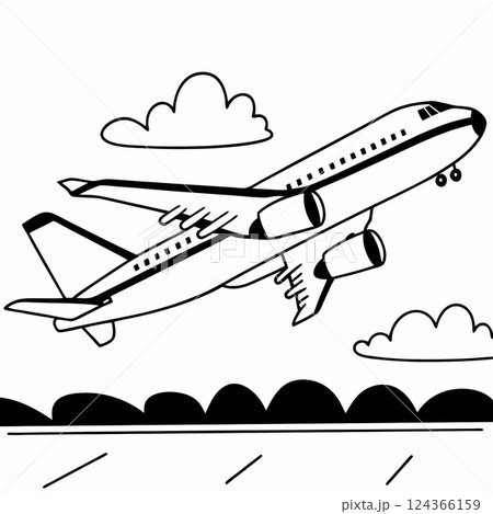 Airplane taking off in clear skies: black and white line art illustration 124366159