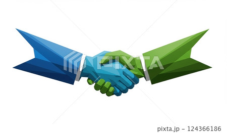 Geometric handshake in blue and green symbolizing partnership and collaboration 124366186