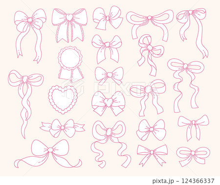 Outline Vintage Coquette Aesthetic Ribbon Bow set. Whimsy Romantic Girly Vibe. Vector illustration. Isolated Trendy various accessories elements. Line hand drawings Outline Vintage Coquette Aesthetic Ribbon Bow set. Whimsy Romantic Girly Vibe. Vector illustration. Isolated Trendy various accessories elements. Line hand drawings 124366337