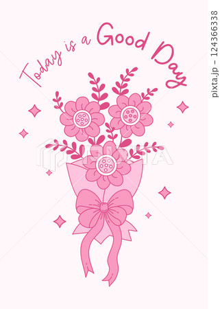 Vintage Pink Bouquet of flowers with Coquette Bow Ribbon. Romantic Girly Vibe. Vector illustration. Cute Trendy Aesthetic card with cool motivational quote Vintage Pink Bouquet of flowers with Coquette Bow Ribbon. Romantic Girly Vibe. Vector illustration. Cute Trendy Aesthetic card with cool motivational quote 124366338
