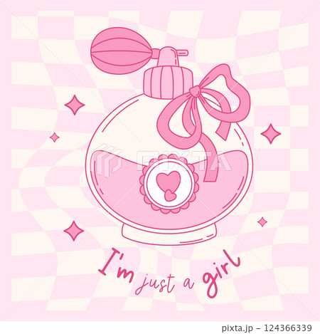 Pink Vintage Coquette Bottle Magic Perfume with Bow Ribbon. Romantic Girly Vibe. Vector illustration. Trendy Aesthetic card on Distorted Twisted Checkered Background with Groovy Motivational Quote 124366339