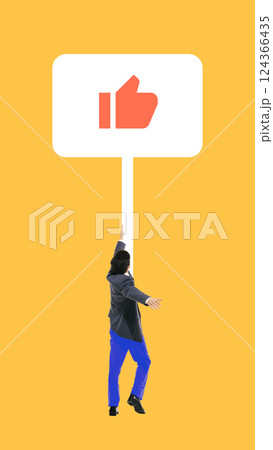 Man holding like icon. Visual metaphor of user and customer support expressed through interactive feedback. 124366435