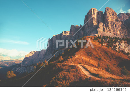 Mountain landscape background. Rocks against the day sky. The Dolomites in South Tyrol Italy Europe Mountain landscape background. Rocks against the day sky. The Dolomites in South Tyrol Italy Europe 124366543