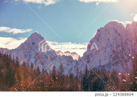 Mountain landscape on a sunny day. View of Alps in Kranjska Gora. The tops of the mountains are covered with snow. Triglav national park. Slovenia, Europe Aerial view Mountain landscape on a sunny day. View of Alps in Kranjska Gora. The tops of the mountains are covered with snow. Triglav national park. Slovenia, Europe Aerial view 124366604