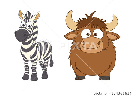 Cartoon zebra and yak with oversized eyes and simplified shapes. Perfect for children's illustrations and educational content. Vector set isolated on white. Cartoon zebra and yak with oversized eyes and simplified shapes. Perfect for children's illustrations and educational content. Vector set isolated on white. 124366614