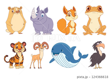 Cartoon animals including a quokka, rhino, squirrel, frog, tiger, ram, whale, and vulture bird make up a varied wildlife collection. Vector illustration set. 124366618
