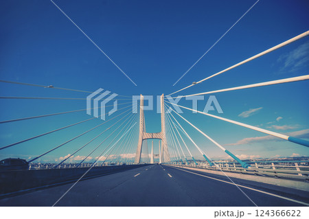 View from the windshield of the road bridge. Vasco da Gama Bridge in Lisbon Portugal Europe View from the windshield of the road bridge. Vasco da Gama Bridge in Lisbon Portugal Europe 124366622