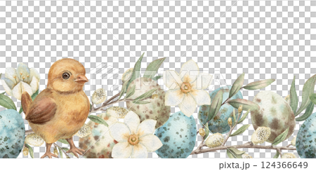 Easter seamless border with cute chick and quail egg in vintage style. Hand drawn watercolor design of flower and grass. Graphic print ideal for card template. Perfect for spring holiday season. Easter seamless border with cute chick and quail egg in vintage style. Hand drawn watercolor design of flower and grass. Graphic print ideal for card template. Perfect for spring holiday season. 124366649