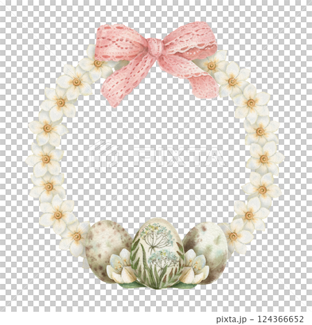 Circle wreath with white flower and Easter egg in vintage style. Hand drawn watercolor decorative festive design. Graphic round frame for greeting card template. Perfect for spring holiday season. Circle wreath with white flower and Easter egg in vintage style. Hand drawn watercolor decorative festive design. Graphic round frame for greeting card template. Perfect for spring holiday season. 124366652