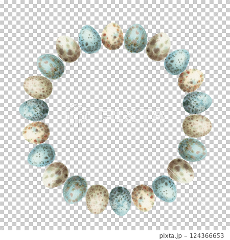 Easter rustic wreath with quail spotted egg in vintage style. Hand drawn watercolor decorative festive design. Graphic circle frame for greeting card template. Perfect for spring holiday season. Easter rustic wreath with quail spotted egg in vintage style. Hand drawn watercolor decorative festive design. Graphic circle frame for greeting card template. Perfect for spring holiday season. 124366653
