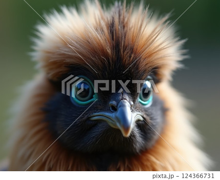 close up face of Silkie Chicken with fluffy fur and dark skin 124366731