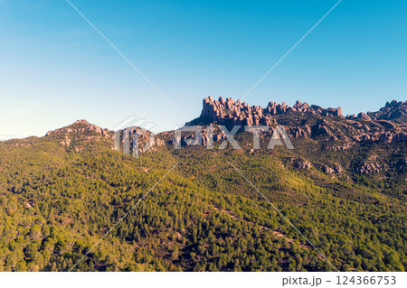 Mountain landscape in the morning. View of Montserrat mountain near Barcelona city. Spain, Europe Mountain landscape in the morning. View of Montserrat mountain near Barcelona city. Spain, Europe 124366753