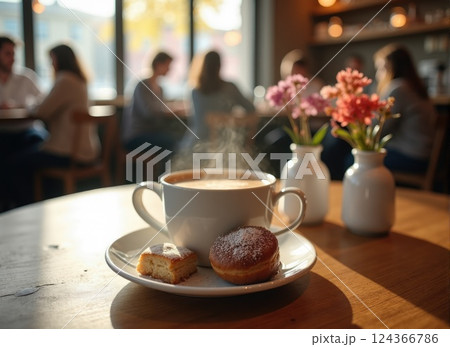 A quaint cafe interior with a minimalist Scandinavian design. A wooden table with a tray of steaming coffee, pastries, and a small vase with delicate flowers. blurred people on background 124366786