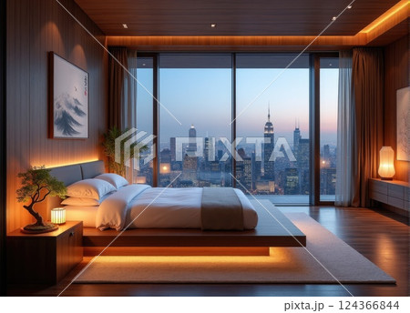 bedroom in skyscarper or hotel room with panoramic window in asian style 124366844