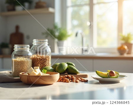 glass jars filled with different plant-based protein sources - quinoa, lentils, almonds. 124366845