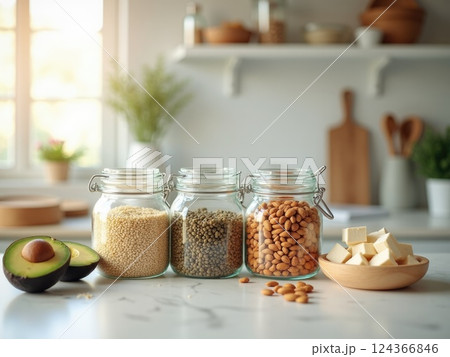 glass jars filled with different plant-based protein sources - quinoa, lentils, almonds. 124366846