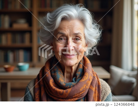 elderly woman with silver hair styled in soft curls, wearing a vibrant scarf and a warm smile elderly woman with silver hair styled in soft curls, wearing a vibrant scarf and a warm smile 124366848