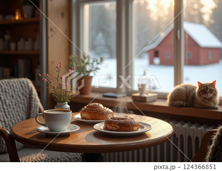 Swedish cafe during Fika. a small wooden table with a cup of coffee, a plate of cinnamon buns 124366851