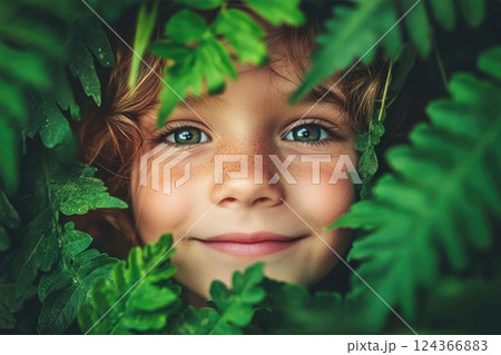 little child close up face looking throung green foliage 124366883