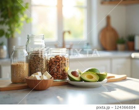 glass jars filled with different plant-based protein sources - quinoa, lentils, almonds. 124366884