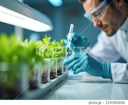 a scientist in laboratory environment with rows of small plants growing in transparent containers 124366886