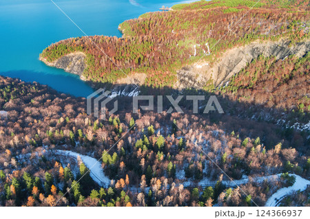 Mountain lake in autumn Aerial view. Serre-Poncon mountain lake in winter in Hautes Alpes, France 124366937