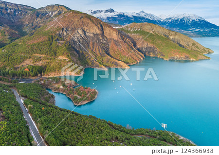 Mountain lake in autumn Aerial view. Serre-Poncon mountain lake in winter in Hautes Alpes, France 124366938
