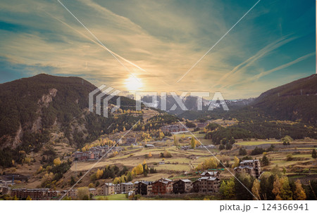 View of mountains valley. Pyrenees. Cityscape with sunset sky. View of Canillo city from Roc Del Quer viewpoint, Andorra, Europe 124366941