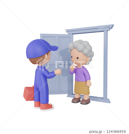 3DCG｜玄関先で話をするシニア女性と作業服姿の男性 124366959